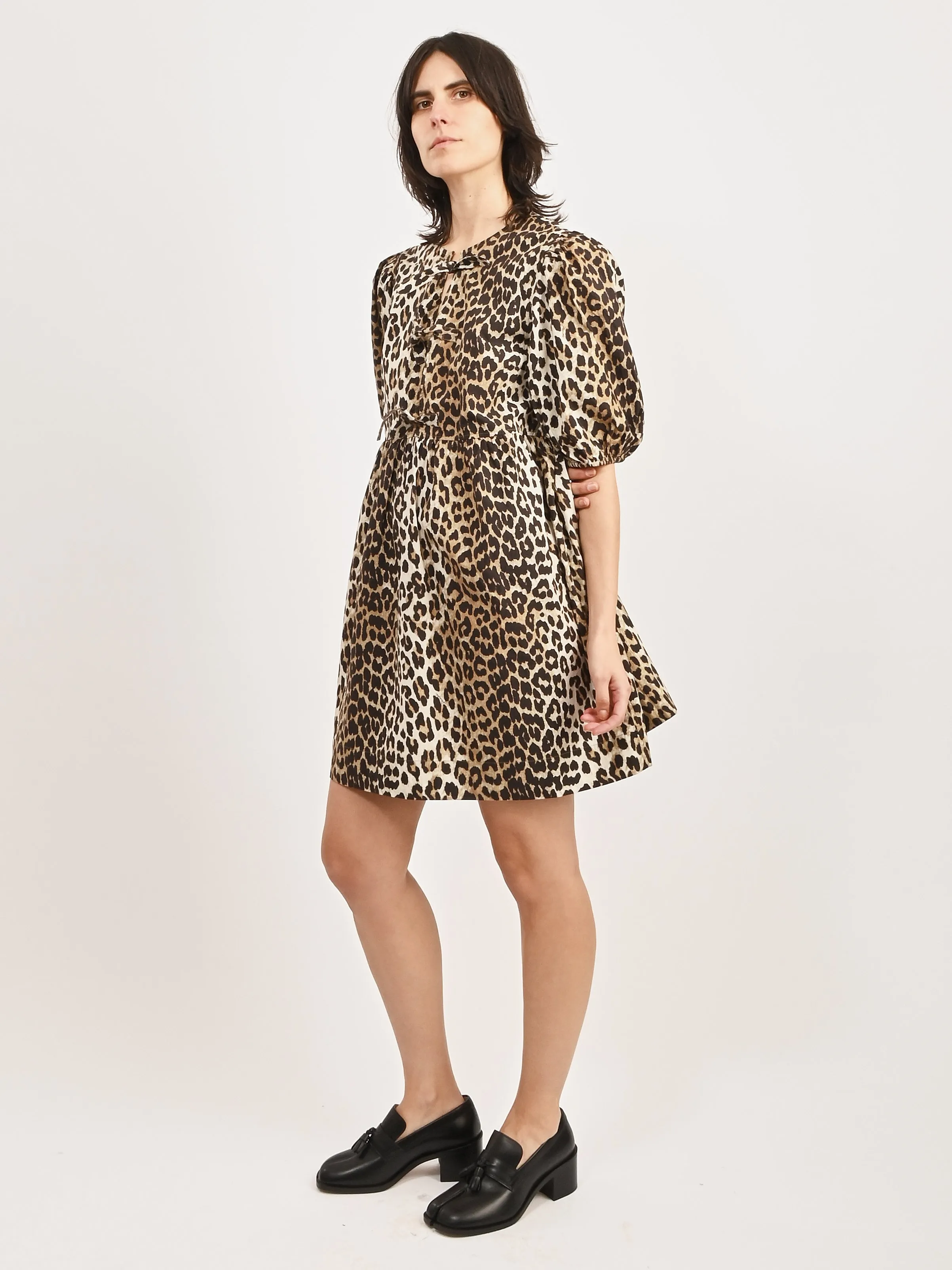 Leopard Printed Cotton Tie String Mini Dress