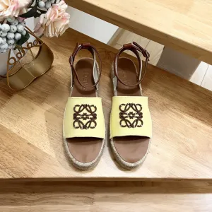 Loew Anagram Yellow Brown Leather And Canvas Espadrille Sandals