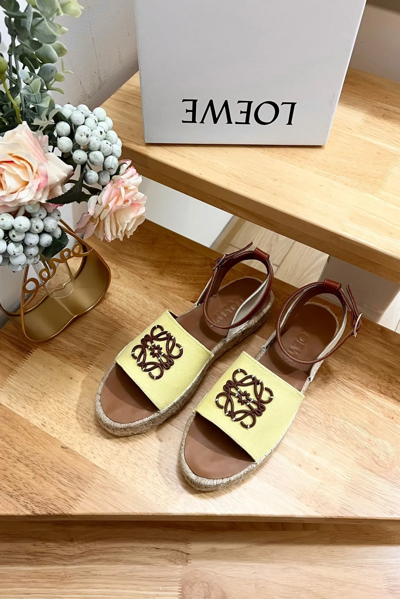 Loew Anagram Yellow Brown Leather And Canvas Espadrille Sandals