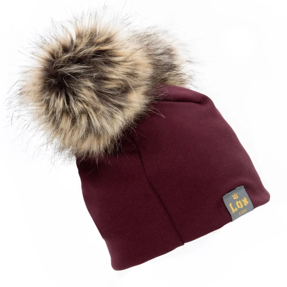 Lox Lion Double Pom Pom Bamboo Beanie - Burgundy (XS, 0-3 Months)