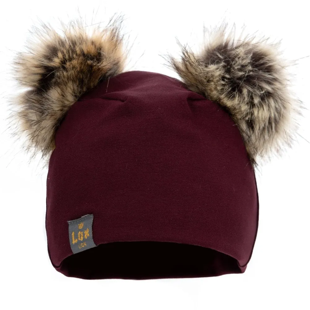 Lox Lion Double Pom Pom Bamboo Beanie - Burgundy (XS, 0-3 Months)