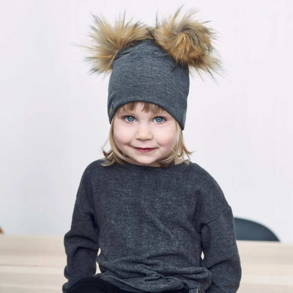 Lox Lion Double Pom Pom Bamboo Beanie - Grey (XS, 0-3 Months)