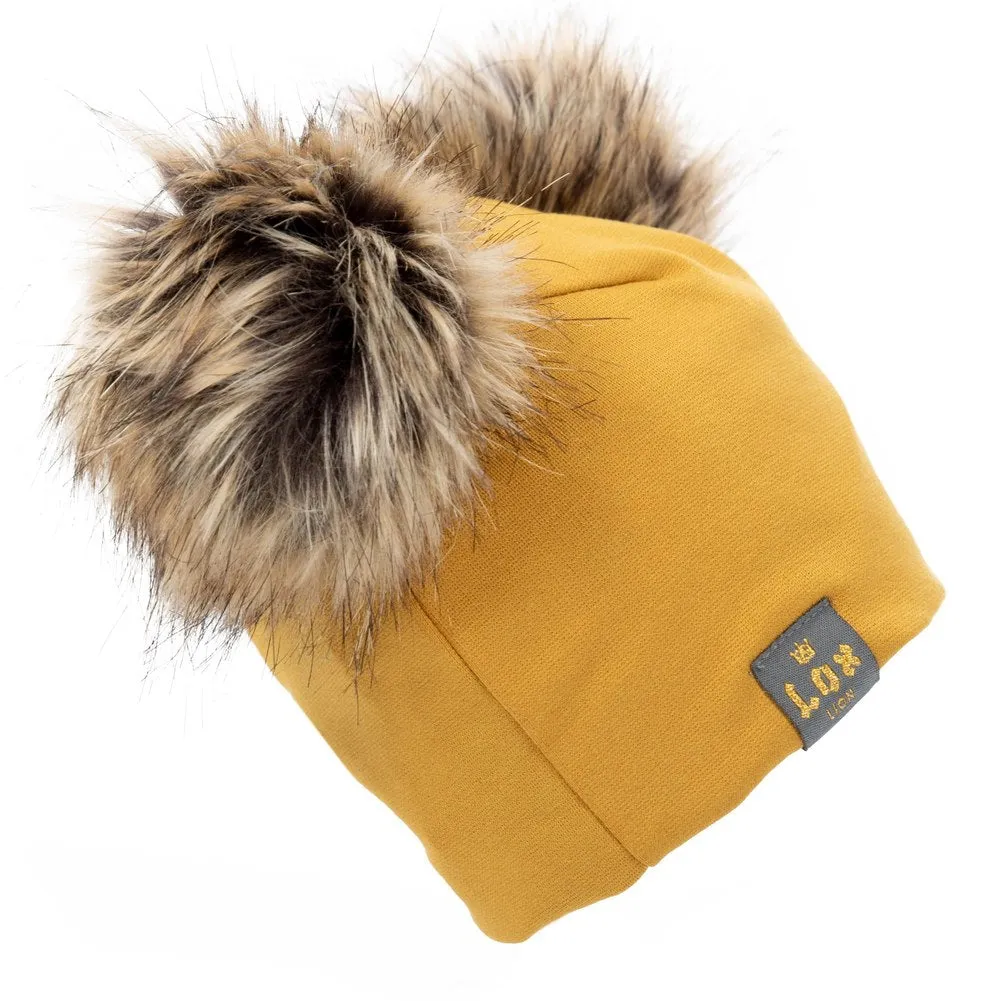 Lox Lion Double Pom Pom Bamboo Beanie - Mustard (XS, 0-3 Months)