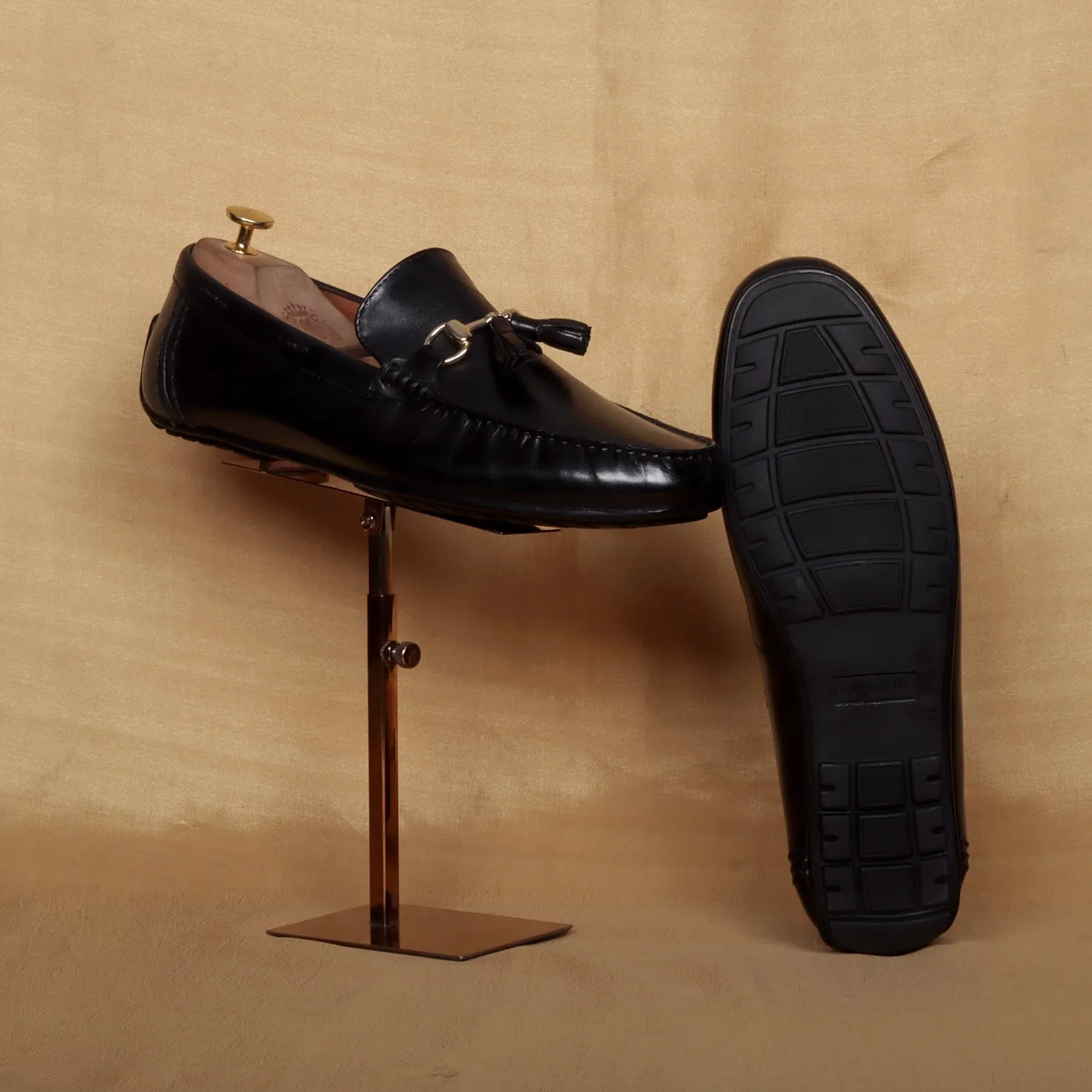 Luxurious Black Tassel Leather Loafers Shoe with Horse-bit Buckle