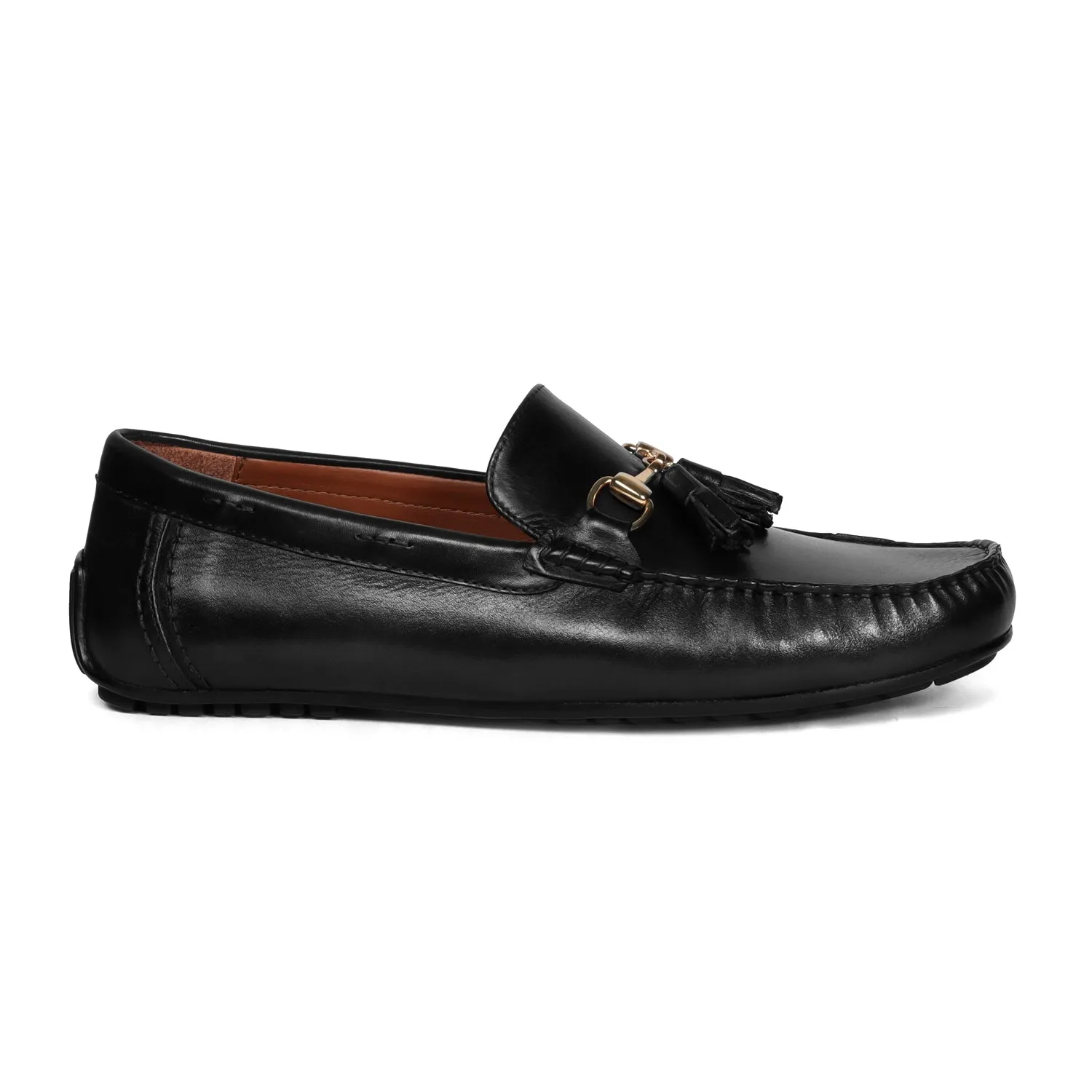 Luxurious Black Tassel Leather Loafers Shoe with Horse-bit Buckle