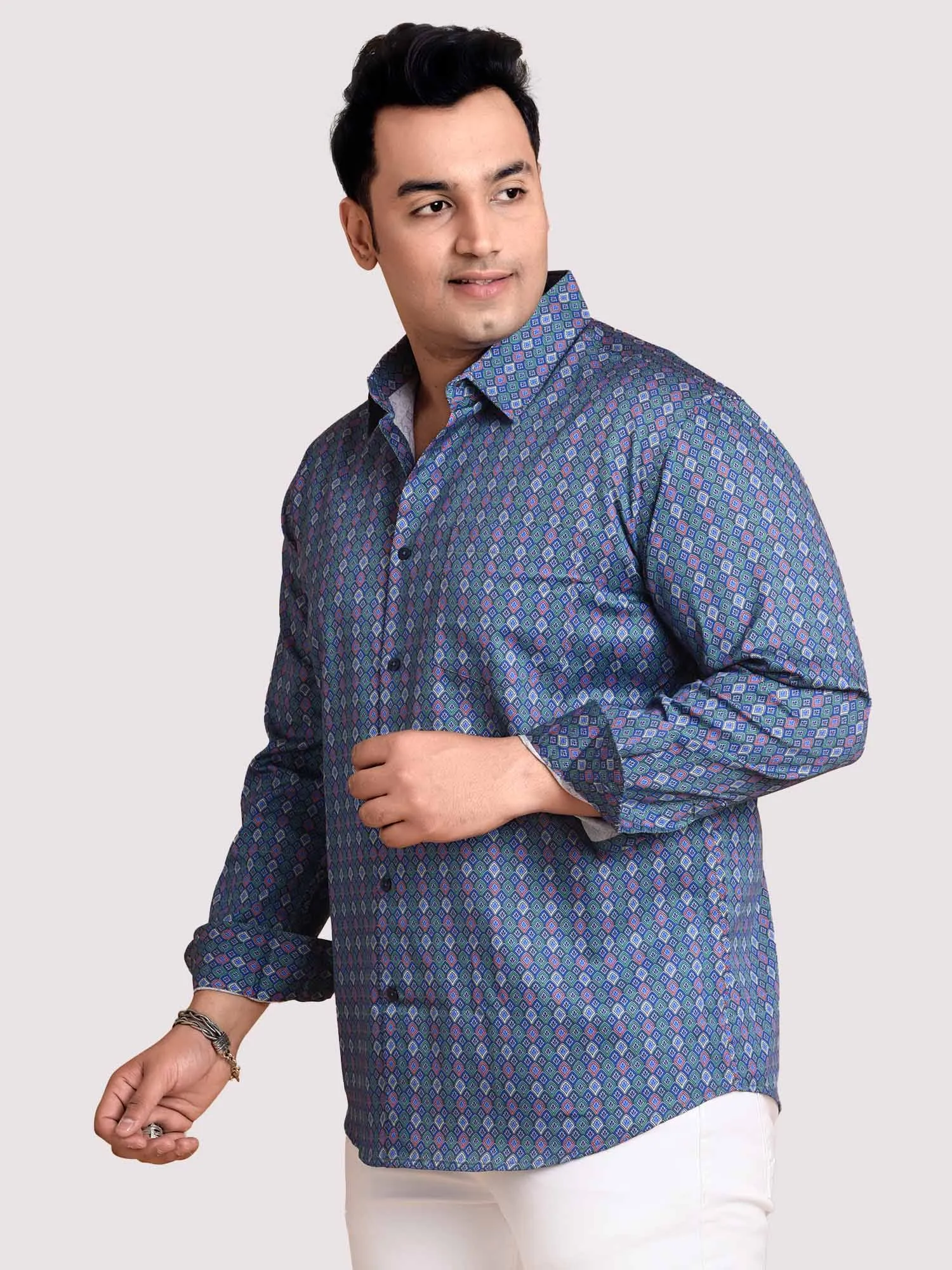 Marine Blue Mosaic Printed Cotton Full sleeve Men's Plus size