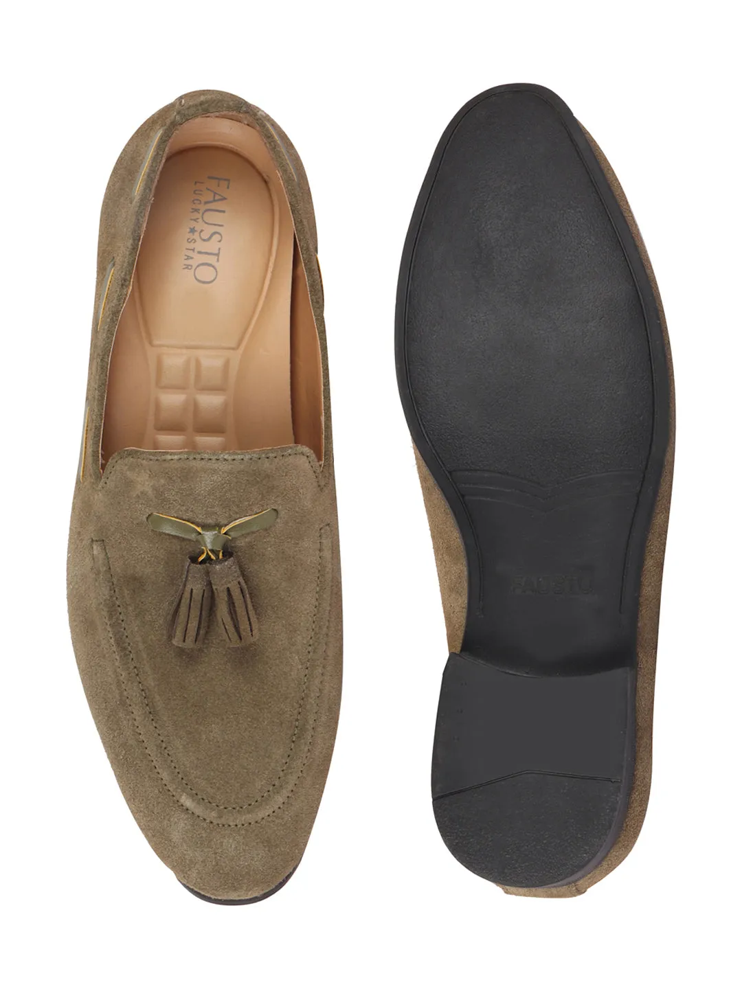 Men Olive Green Suede Leather Casual Tassel Loafer Shoes