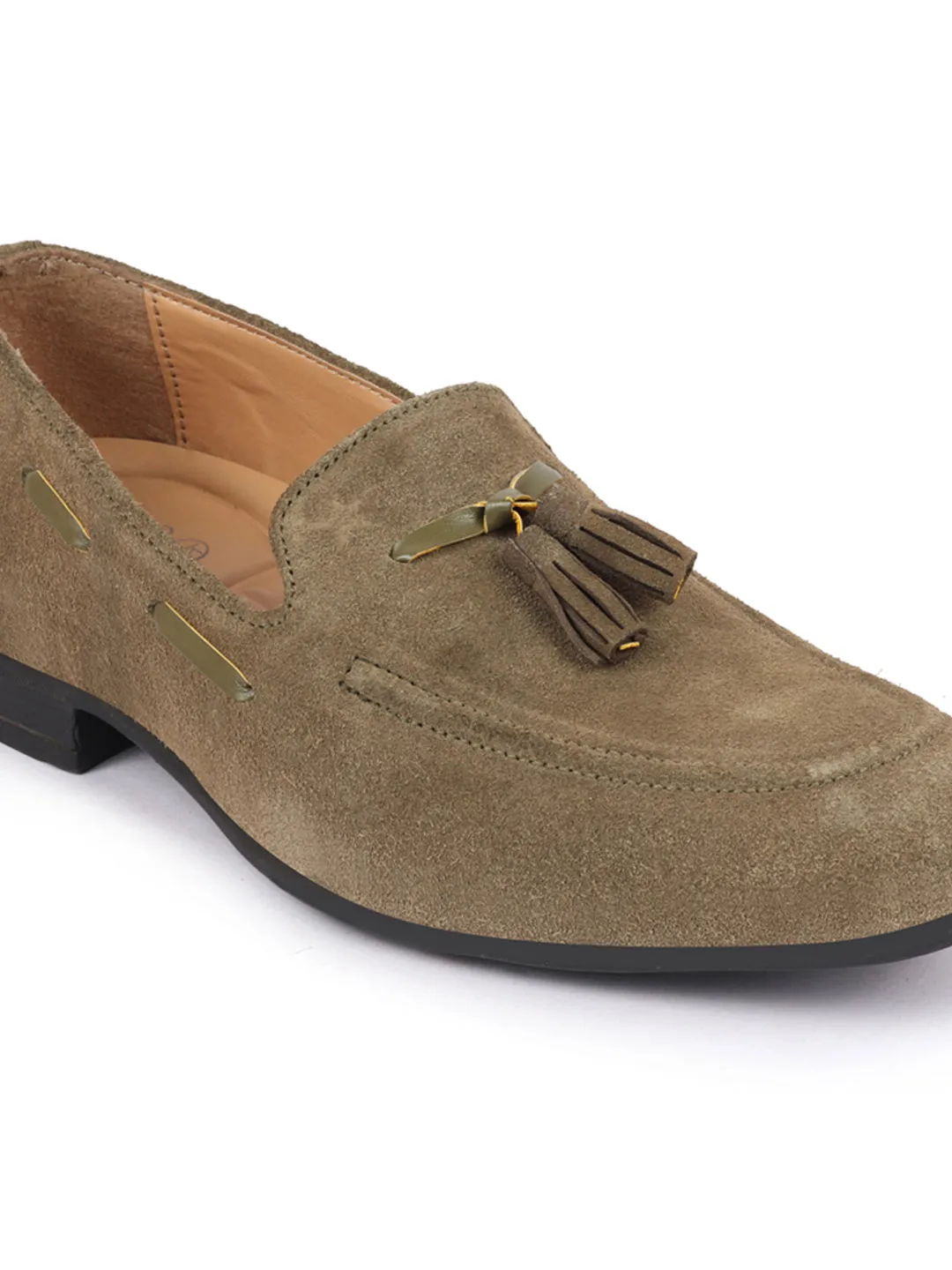 Men Olive Green Suede Leather Casual Tassel Loafer Shoes