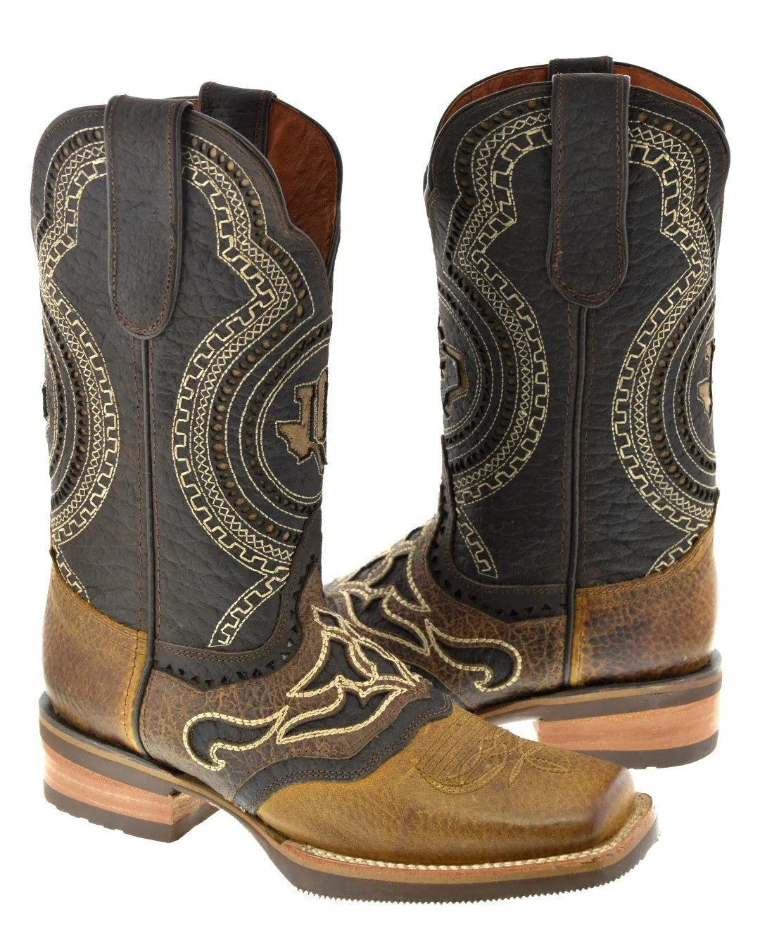 Mens Alabe Honey Brown Overlay Leather Cowboy Boots - Rodeo Toe