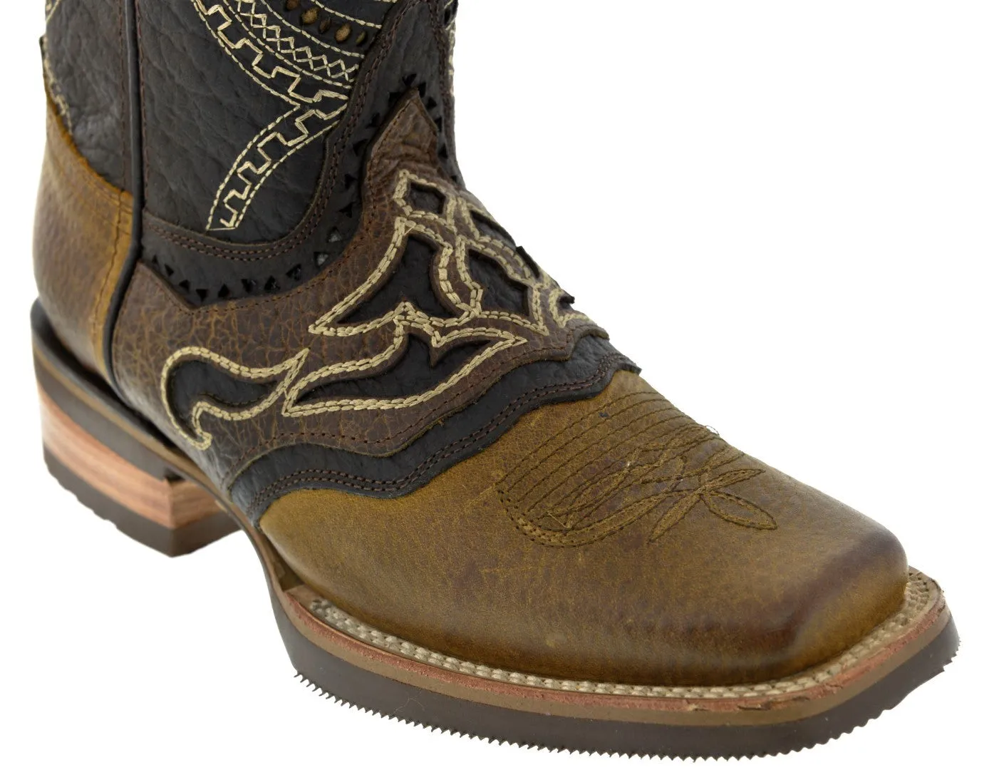 Mens Alabe Honey Brown Overlay Leather Cowboy Boots - Rodeo Toe