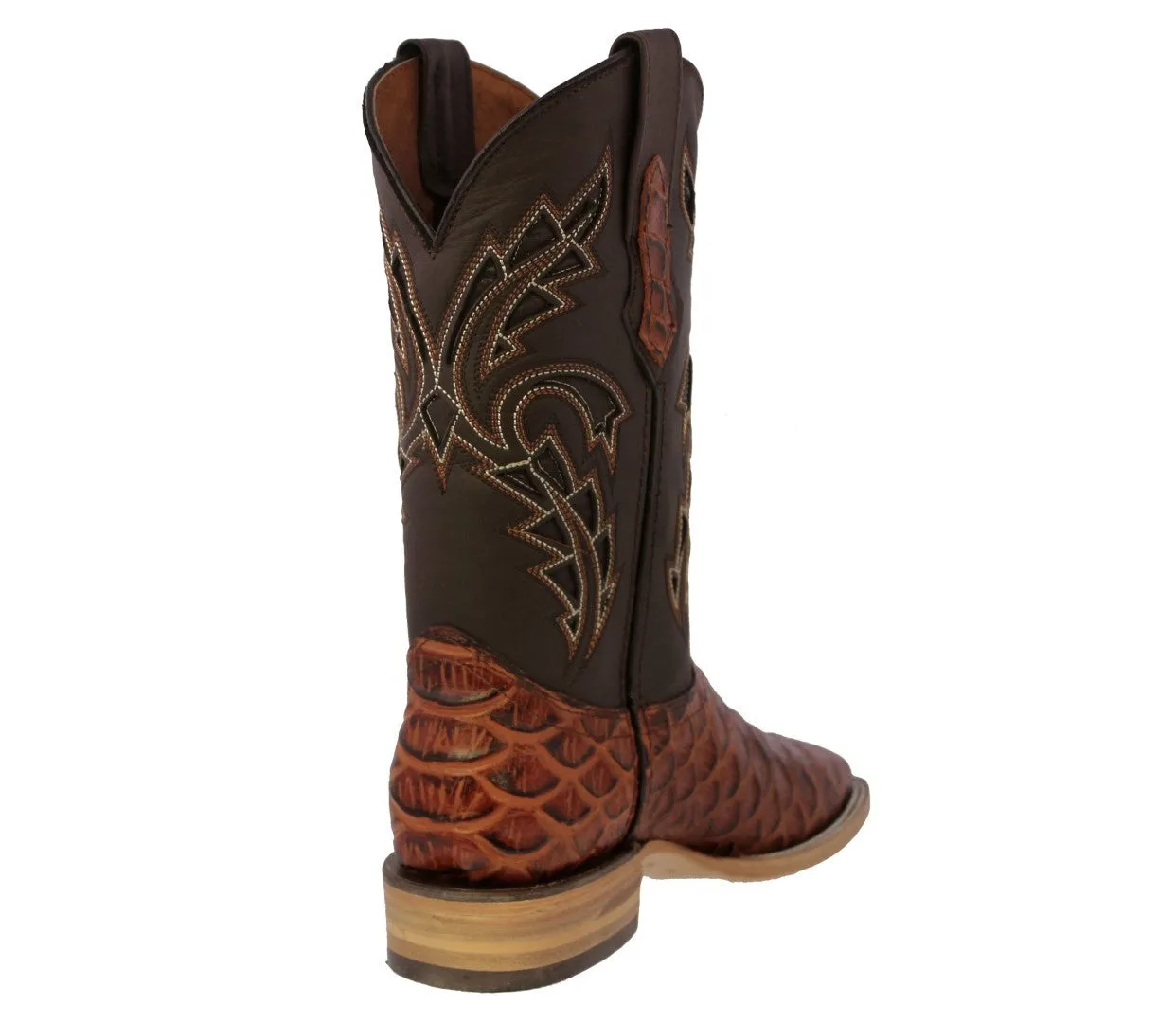 Mens Cognac Cowboy Boots Anaconda Print Leather - Square Toe