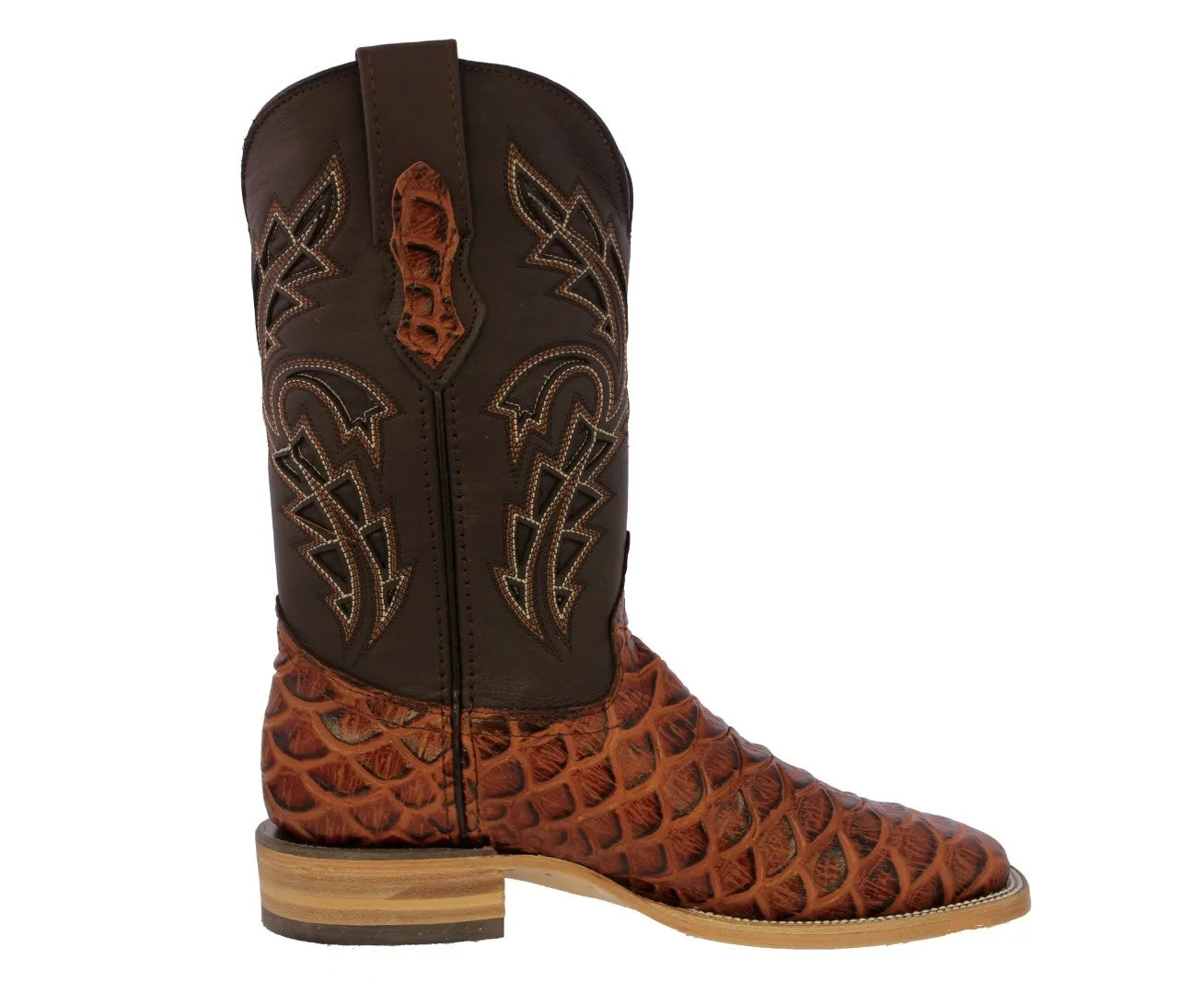 Mens Cognac Cowboy Boots Anaconda Print Leather - Square Toe