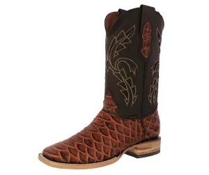 Mens Cognac Cowboy Boots Anaconda Print Leather - Square Toe