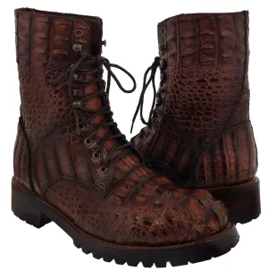 Men's Cognac Full Alligator Skin Leather Motorcycle Boots Round