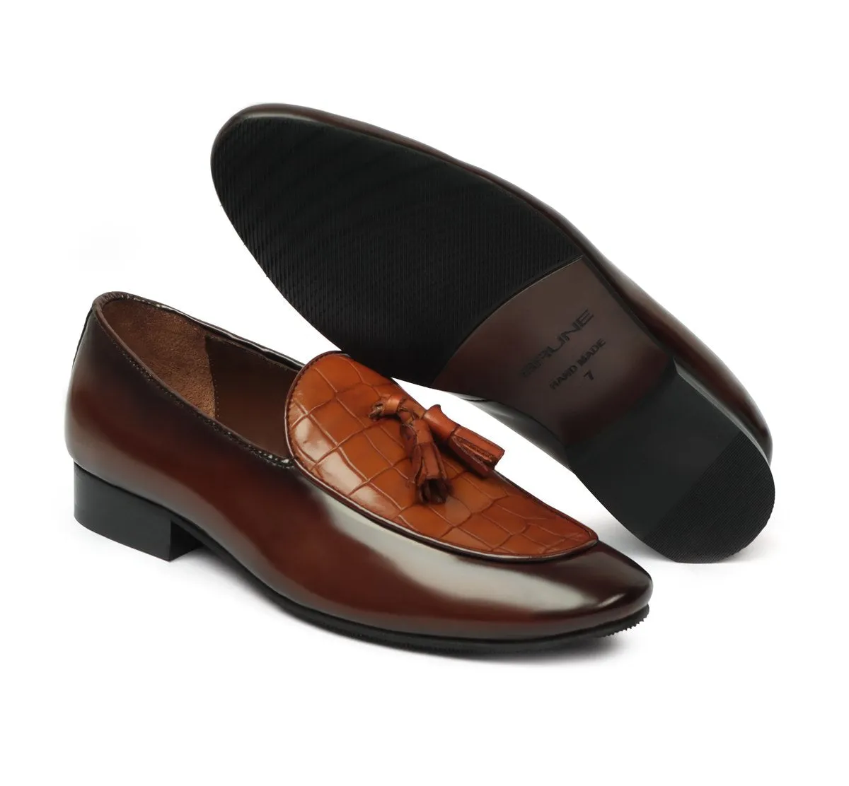 Men's Tan Tassel Loafers With Deep Cut Croco Leather At Vamp By Brune & Bareskin