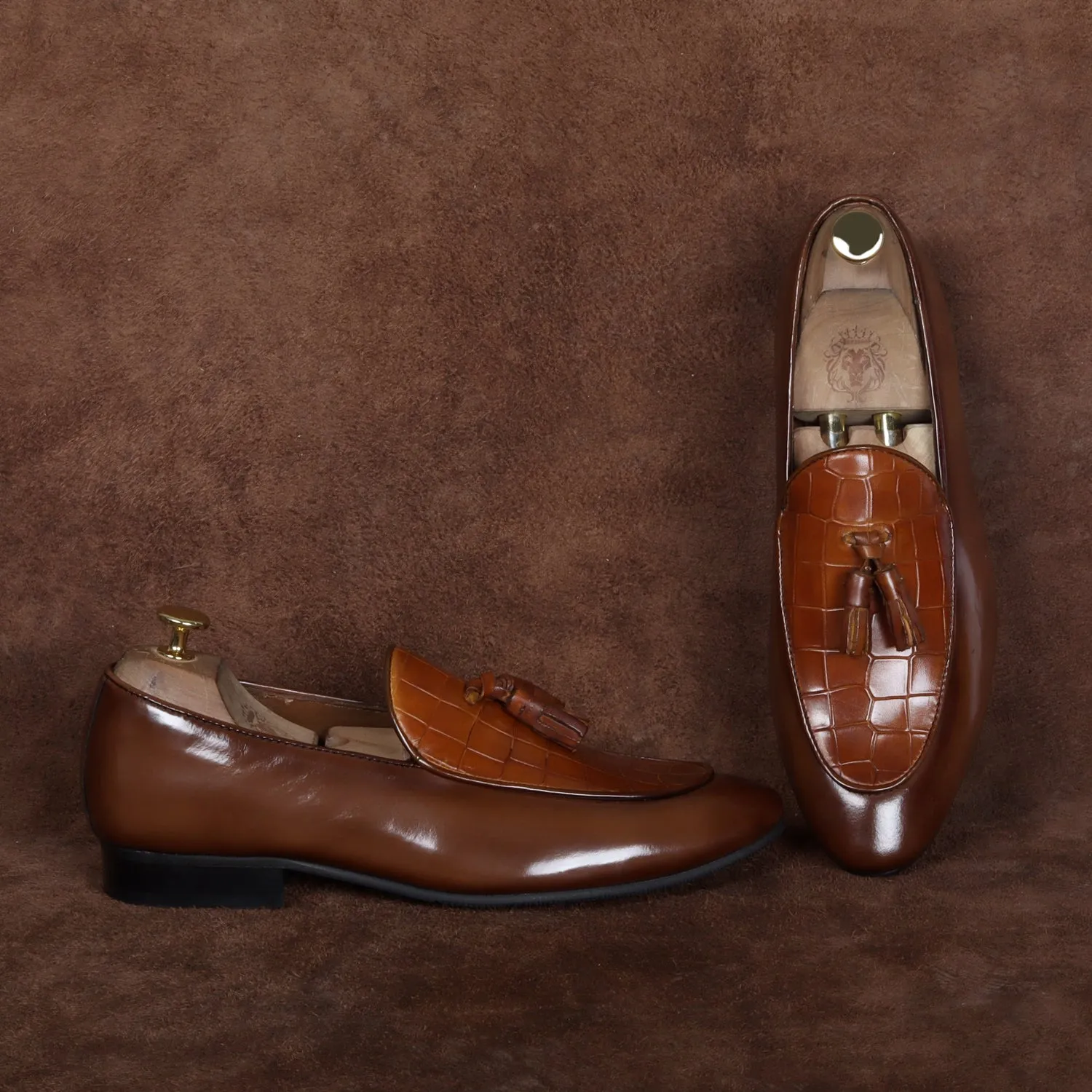 Men's Tan Tassel Loafers With Deep Cut Croco Leather At Vamp By Brune & Bareskin