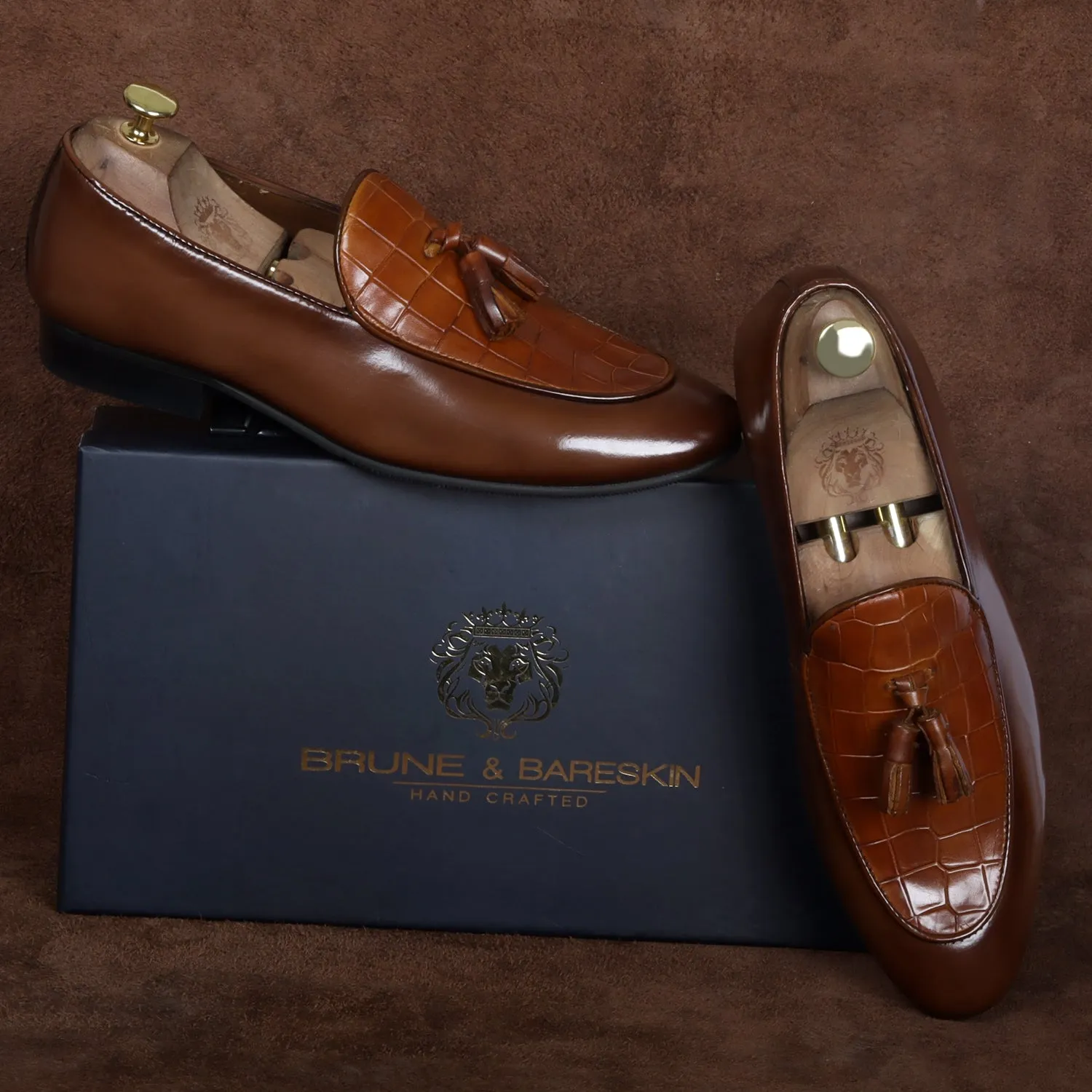 Men's Tan Tassel Loafers With Deep Cut Croco Leather At Vamp By Brune & Bareskin