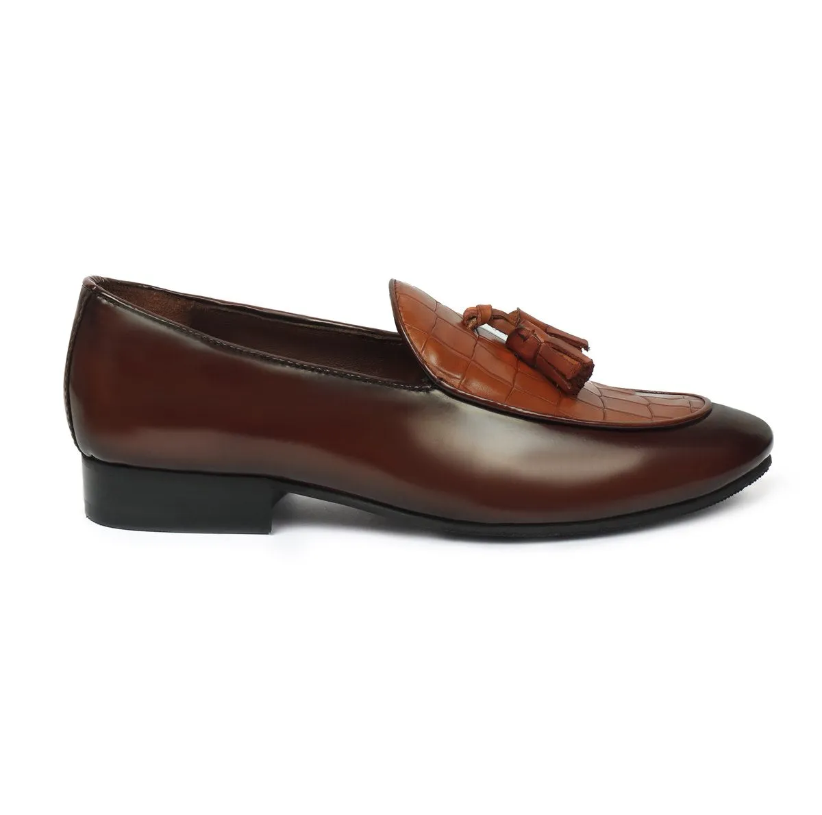 Men's Tan Tassel Loafers With Deep Cut Croco Leather At Vamp By Brune & Bareskin