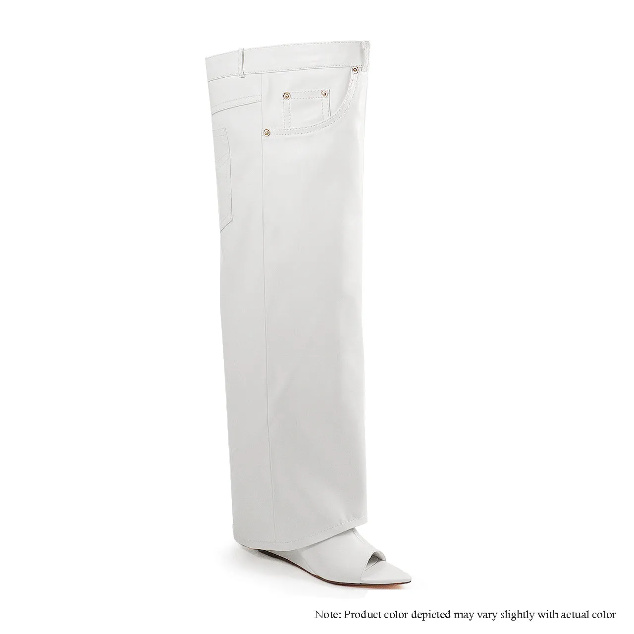 MUTTO-13 THIGH HIGH ASYMMETRICAL DRAPE PEEP TOE BOOTS - WHITE PU