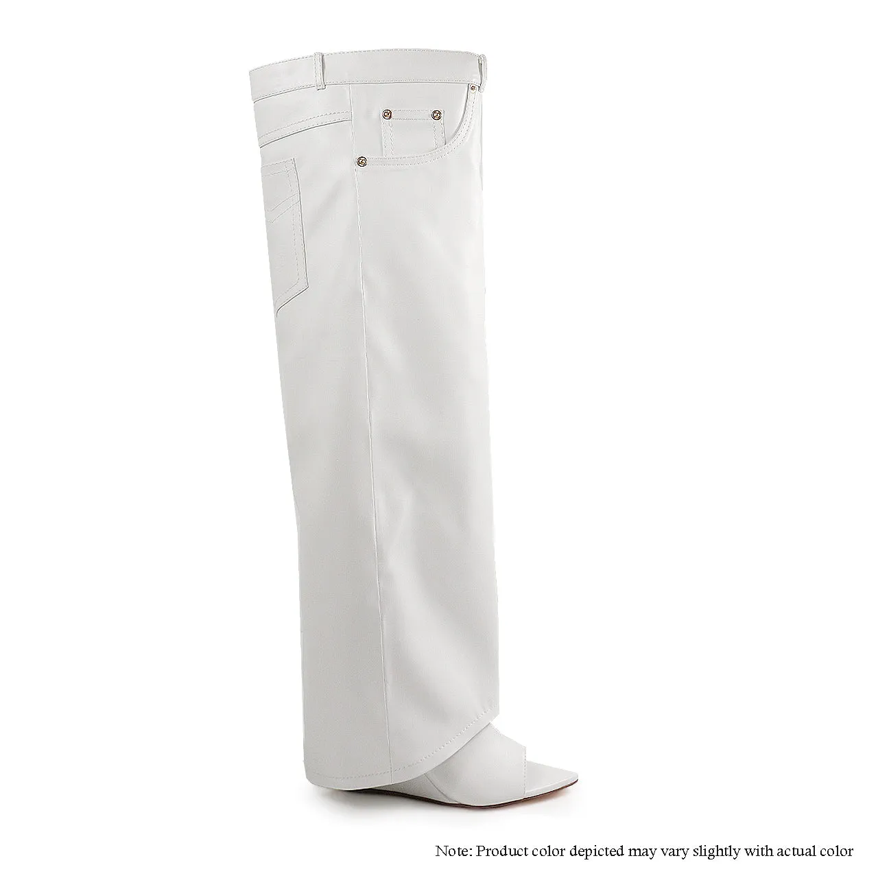 MUTTO-13 THIGH HIGH ASYMMETRICAL DRAPE PEEP TOE BOOTS - WHITE PU