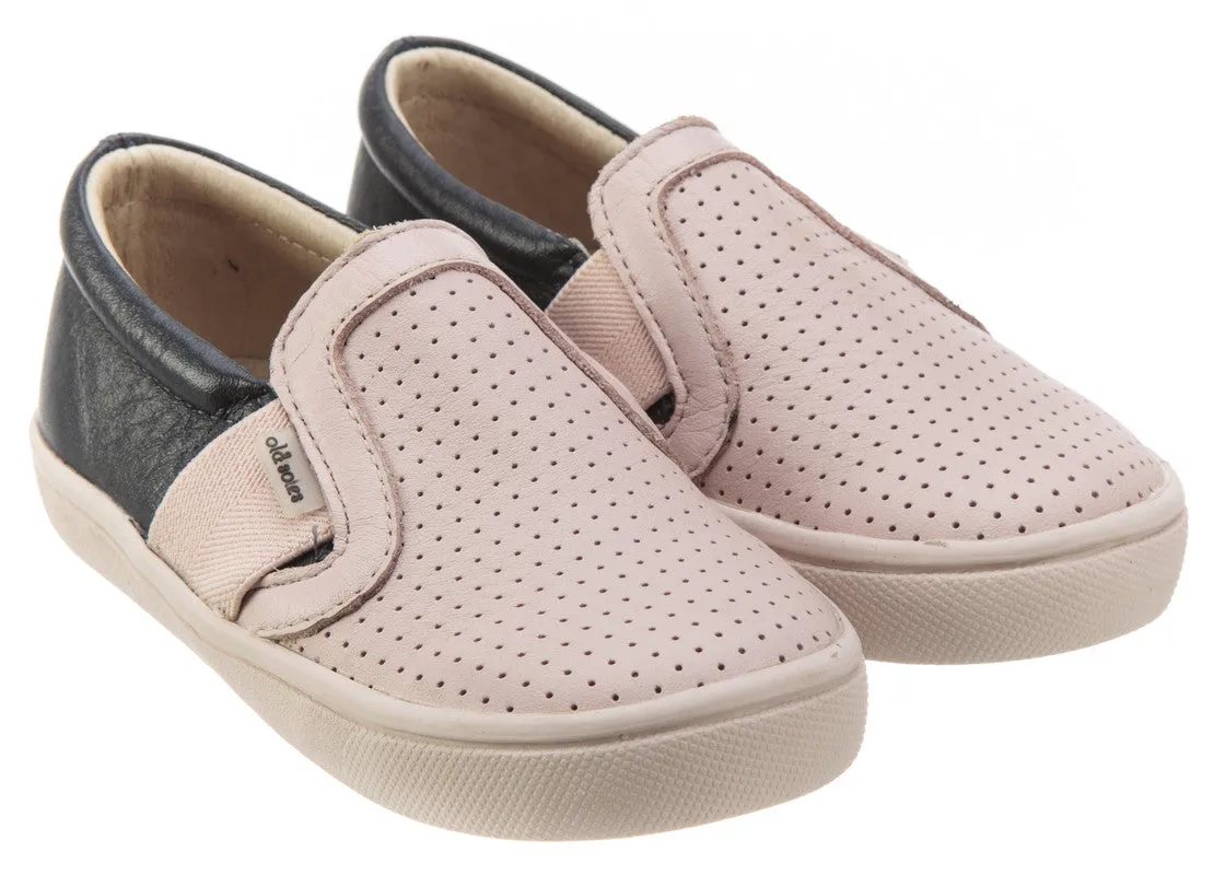 Old Soles Girl's and Boy's 6004 Hoffing Shoe Powder Pink Navy Perforated Upper and Smooth Leather Back Slip On Loafer Sneaker