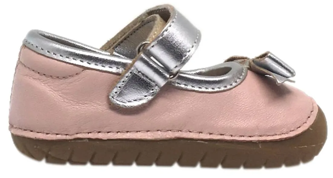 Old Soles Girl's Pave Gabs Jane Powder Pink & Silver Leather Hook and Loop Bow Mary Jane Walking Shoe