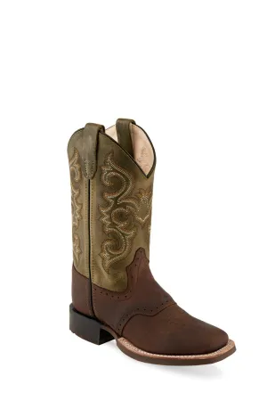 Old West Brown/Green Children Boys Leather Cowboy Boots