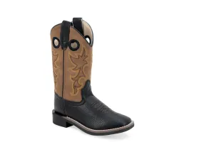 Old West Kids Unisex Broad Square Toe Tan/Black Faux Leather Cowboy Boots