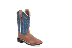 Old West Kids Unisex Broad Square Toe Tan/Blue Faux Leather Cowboy Boots