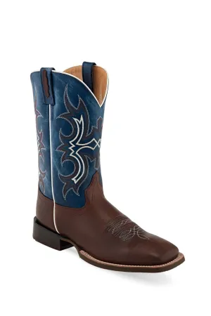 Old West Mens Broad Square Toe Dark Brown/Wipe Out Blue Leather Cowboy Boots