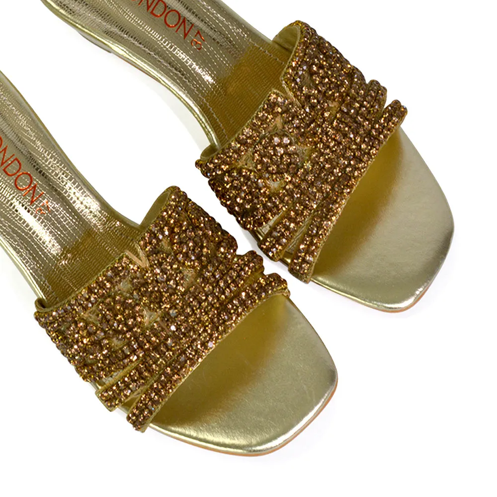 Olive Square Toe Embellished Diamante Wedge Heel Sandals in Gold