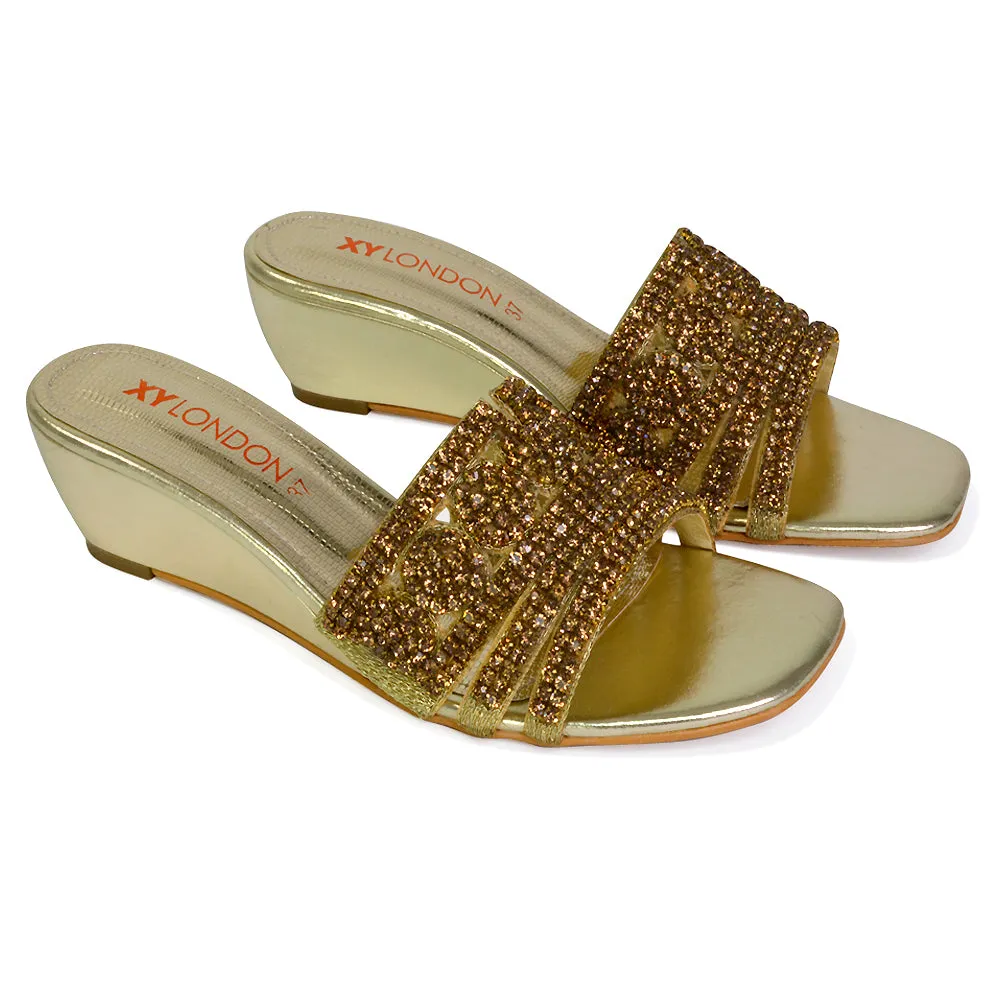 Olive Square Toe Embellished Diamante Wedge Heel Sandals in Gold