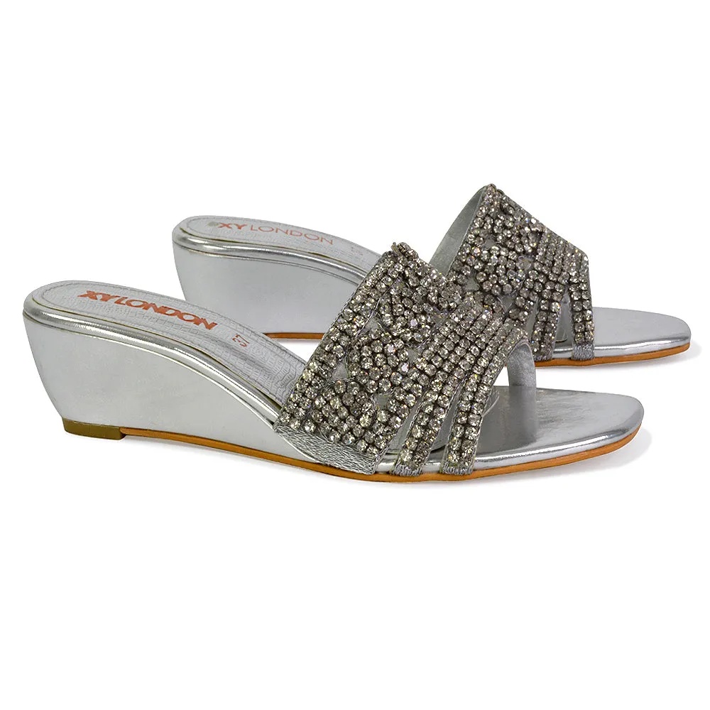 Olive Square Toe Embellished Diamante Wedge Heel Sandals in Gold