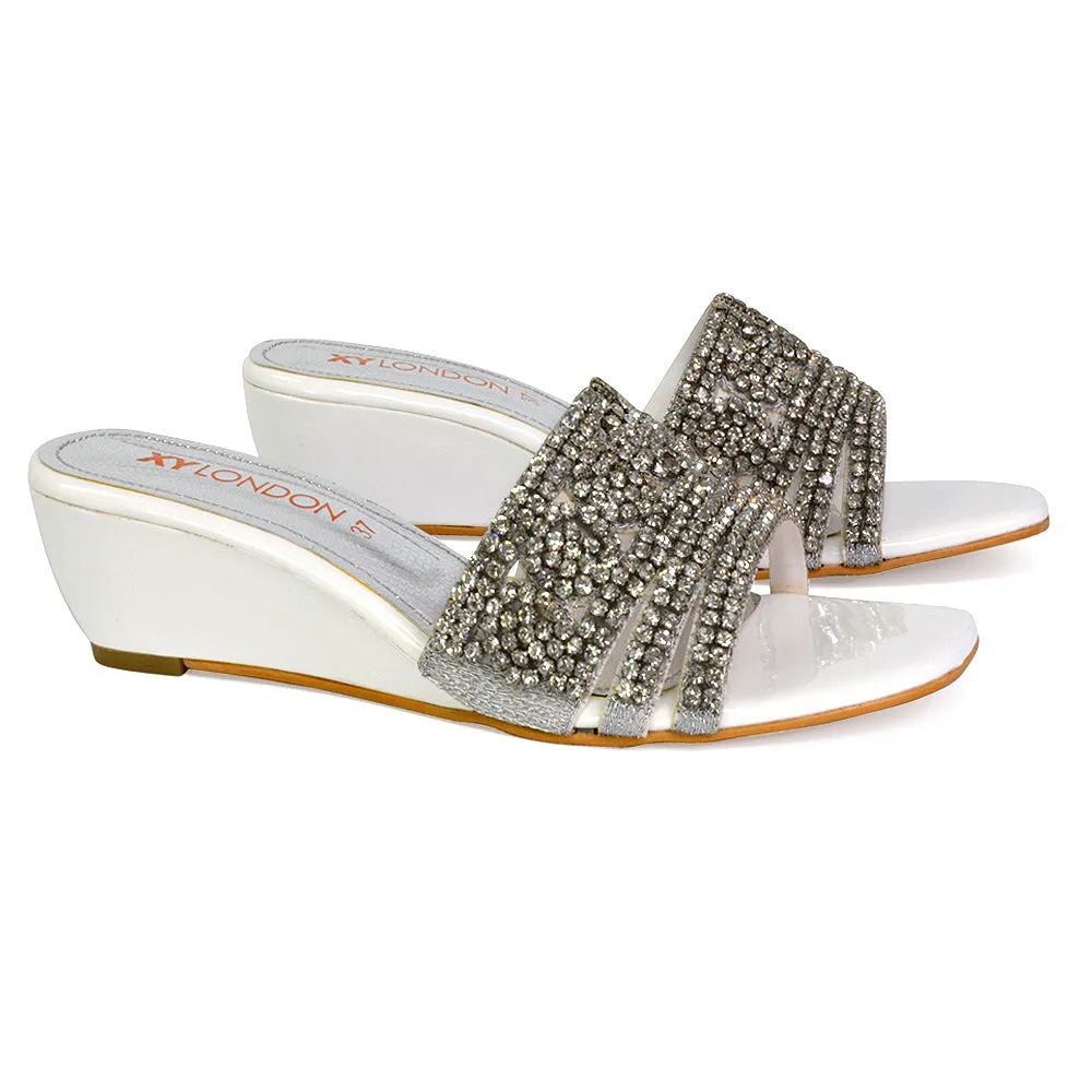 Olive Square Toe Embellished Diamante Wedge Heel Sandals in Gold