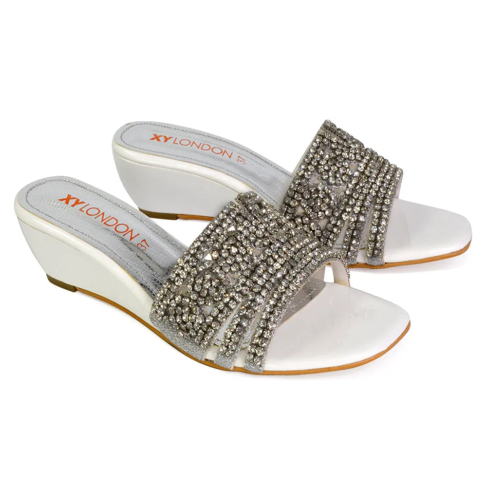 Olive Square Toe Embellished Diamante Wedge Heel Sandals in Gold