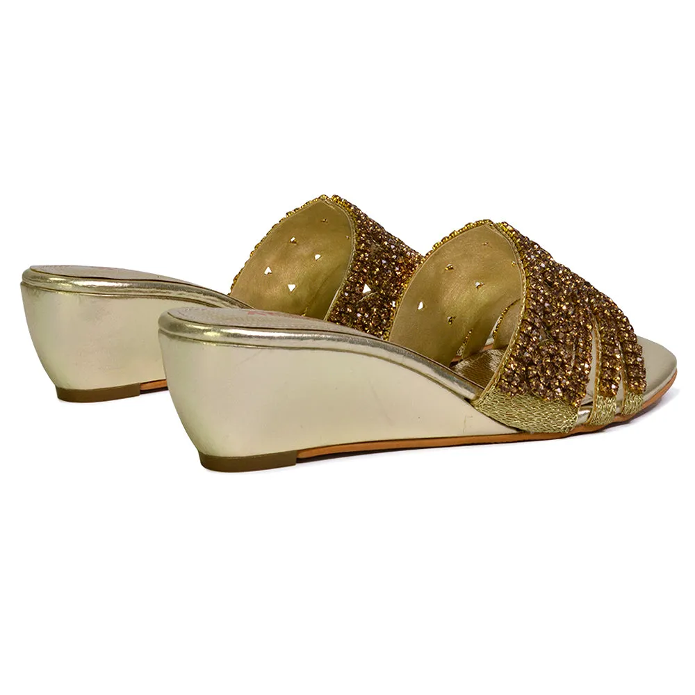 Olive Square Toe Embellished Diamante Wedge Heel Sandals in Gold