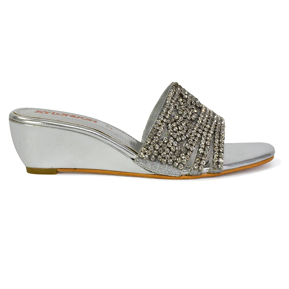 Olive Square Toe Embellished Diamante Wedge Heel Sandals in Gold