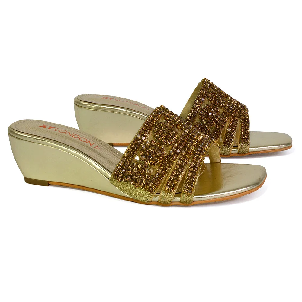 Olive Square Toe Embellished Diamante Wedge Heel Sandals in Gold