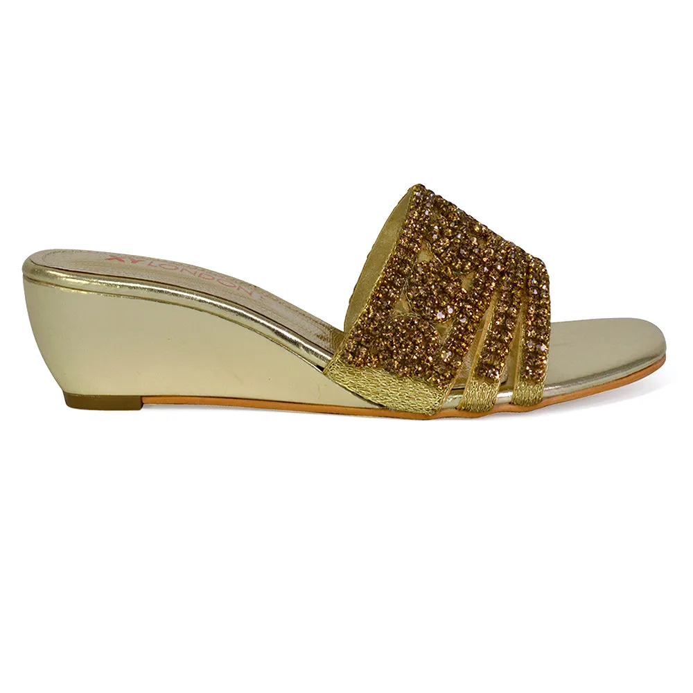 Olive Square Toe Embellished Diamante Wedge Heel Sandals in Gold