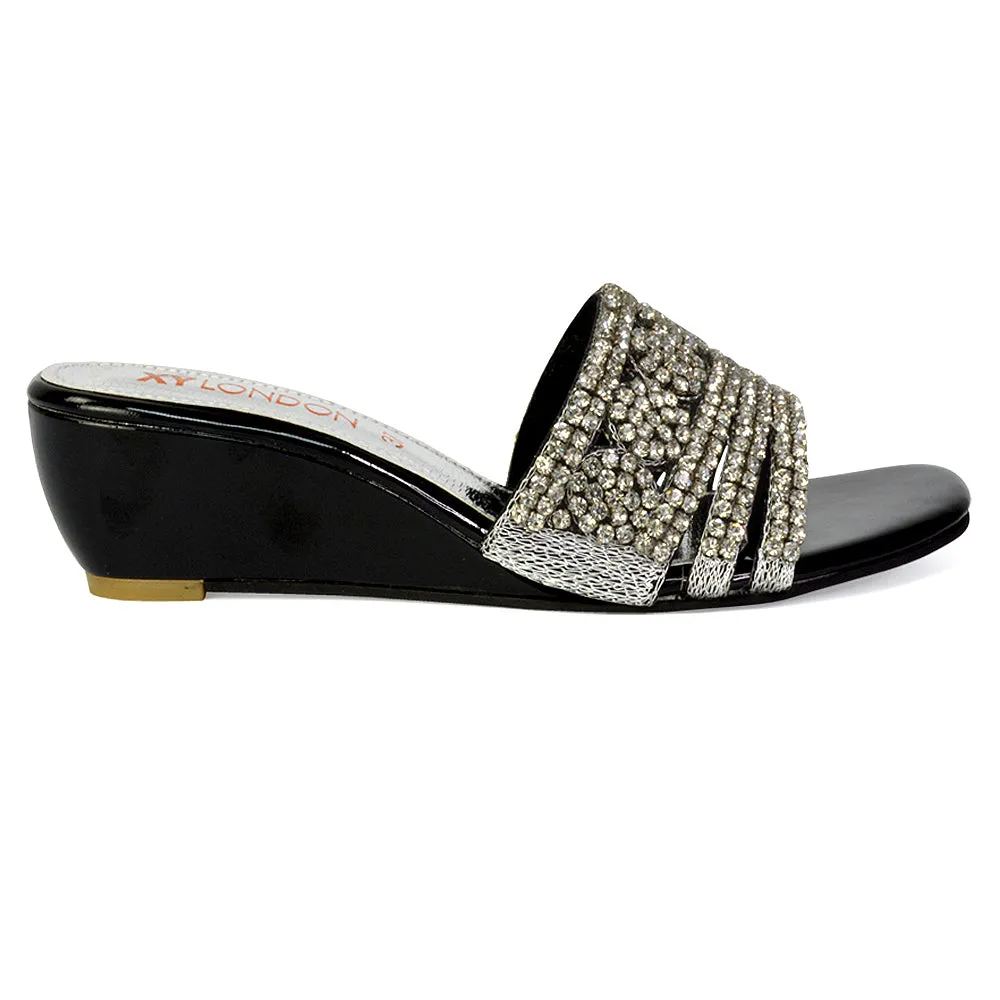 Olive Square Toe Embellished Diamante Wedge Heel Sandals in Gold