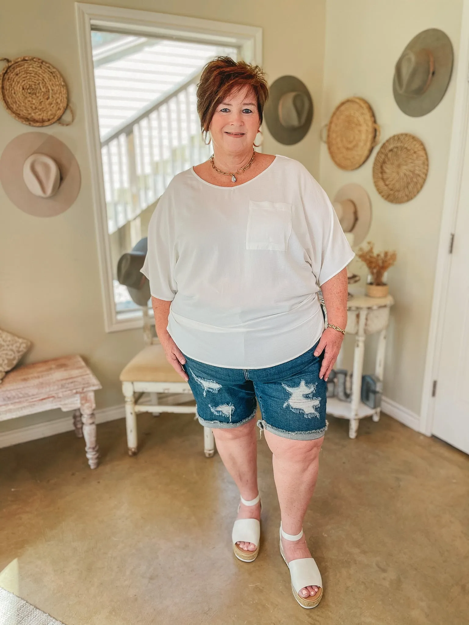 On Record V Neck Short Sleeve Shift Top with Front Pocket in Ivory