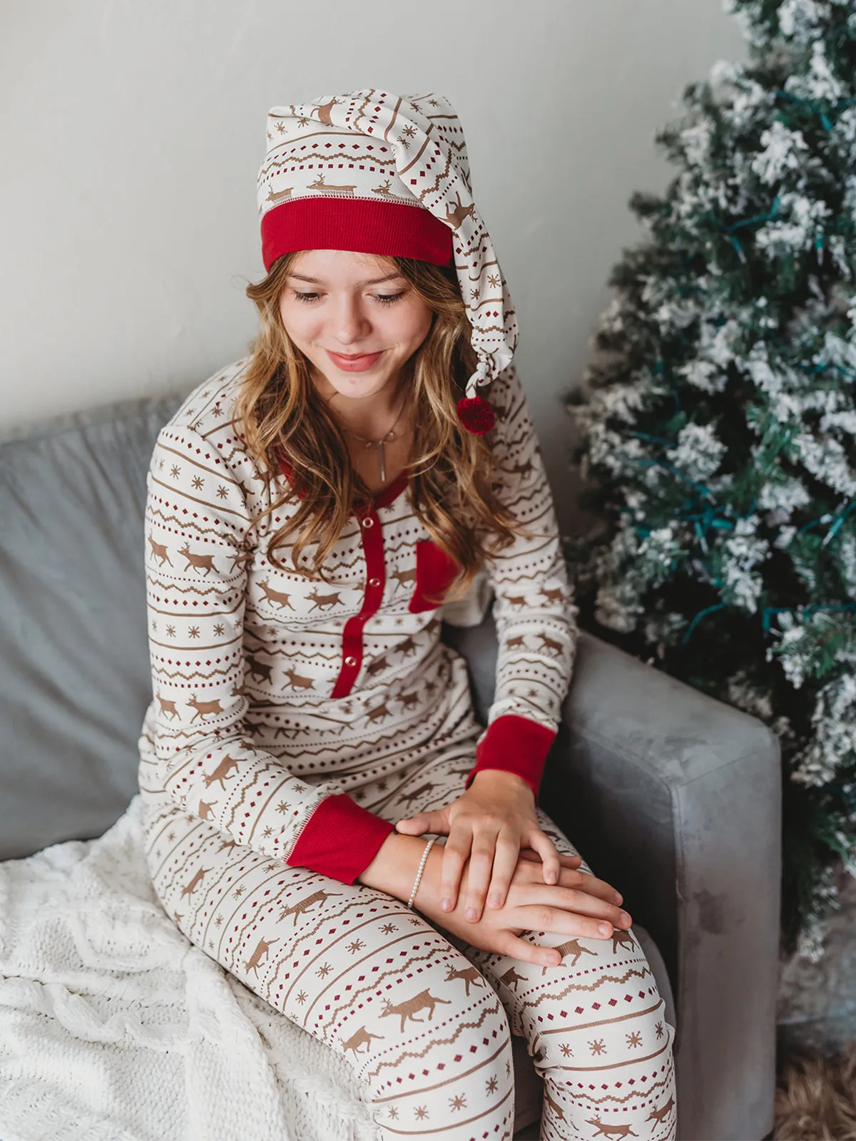 Organic Women's Holiday 2-Piece Lounge Set with Cap, Fair Isle Rudolph