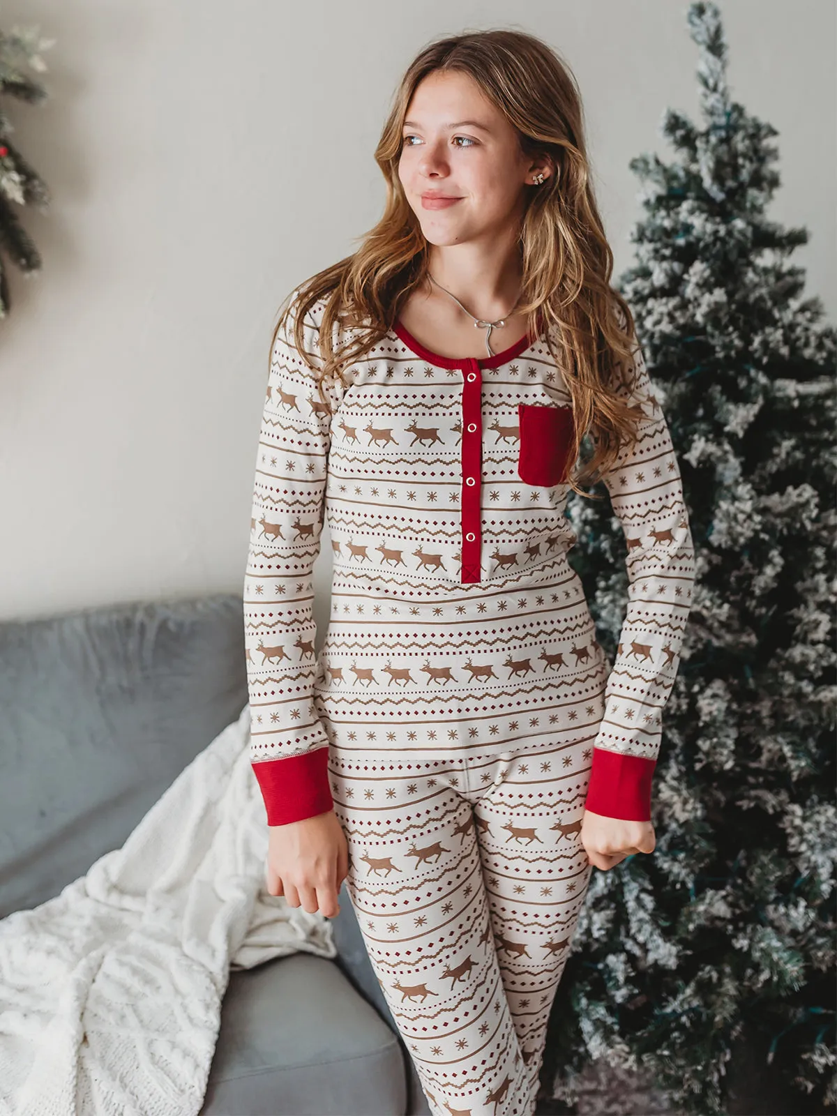 Organic Women's Holiday 2-Piece Lounge Set with Cap, Fair Isle Rudolph