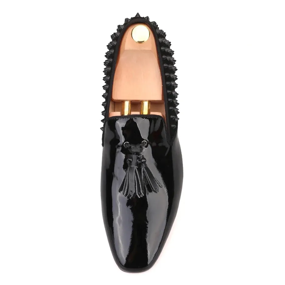 Piergitar Black Patent Tassel Loafers with Red Bottom