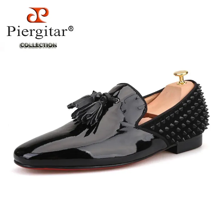 Piergitar Black Patent Tassel Loafers with Red Bottom