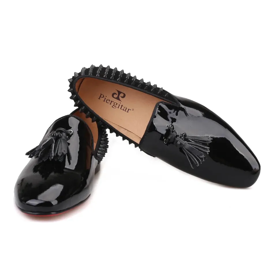 Piergitar Black Patent Tassel Loafers with Red Bottom