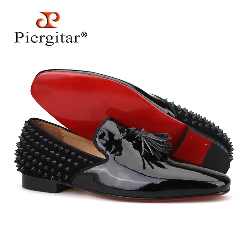 Piergitar Black Patent Tassel Loafers with Red Bottom