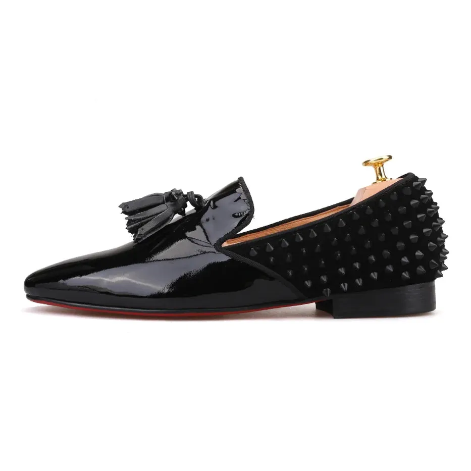 Piergitar Black Patent Tassel Loafers with Red Bottom