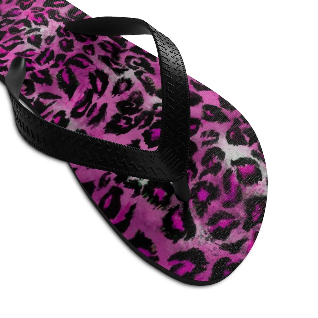 Pink Leopard Print Flip Flops, Best Animal Print Unisex Flip-Flops Beach Pool Sandals- Made in USA