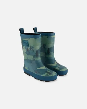 Printed Rain Boots Forest Green With Black Pines